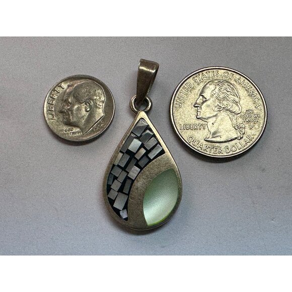 Estate Sterling Silver 925 Mosaic Inlay Teardrop Pendant No Chain 10g Vintage - Picture 6 of 8